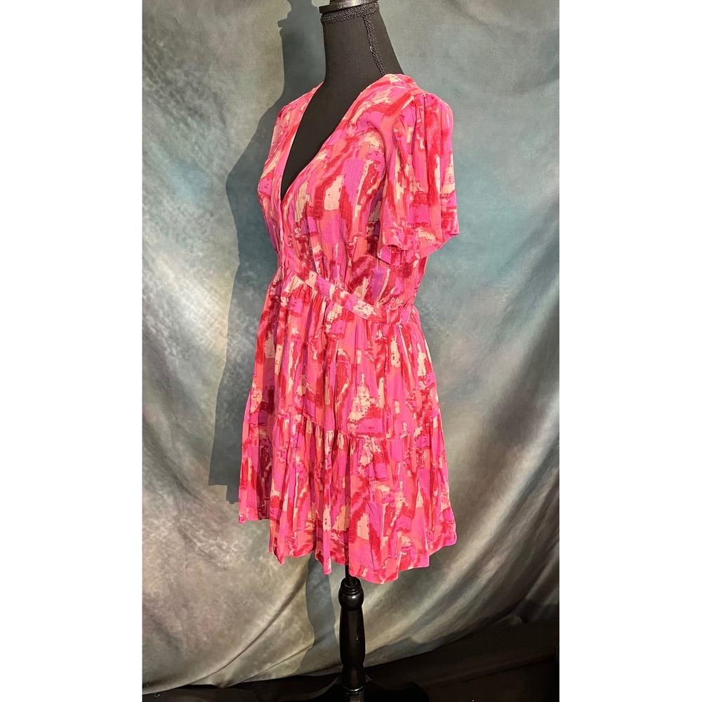 Ba&sh Pink Talita Abstract Print V Neck‎ Short Sleeve Mini Dress Size Small - Picture 2 of 7